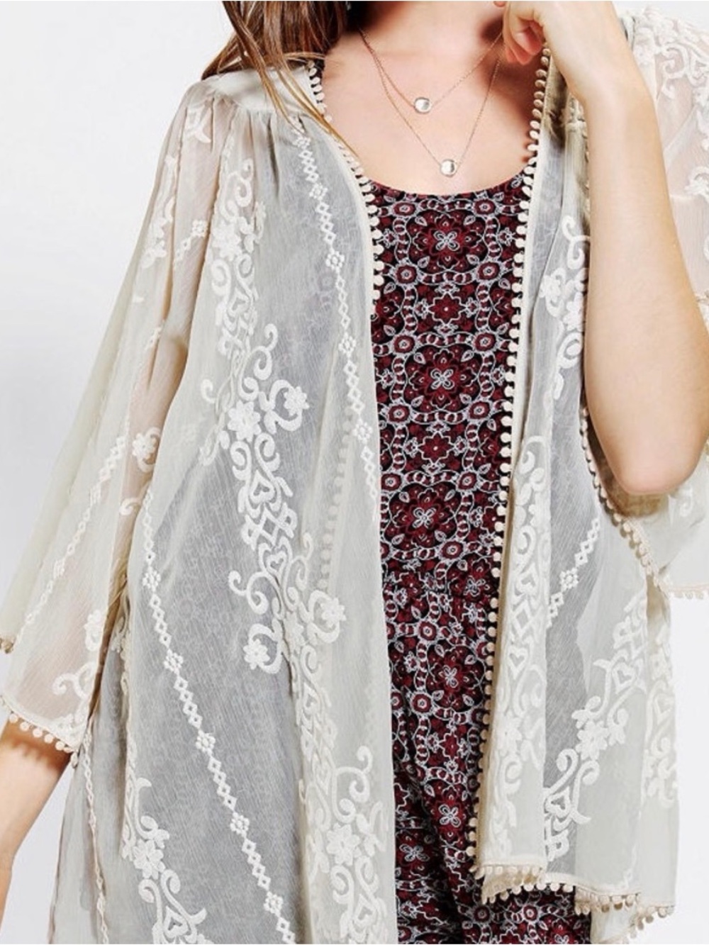 Kimchi Blue Ivory Sheer Embroidered Kimono